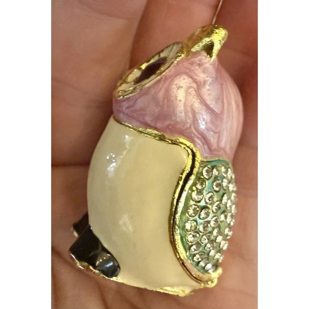 Enameled Owl Trinket Box W Rhinestones‎ And Magnetic Clasp